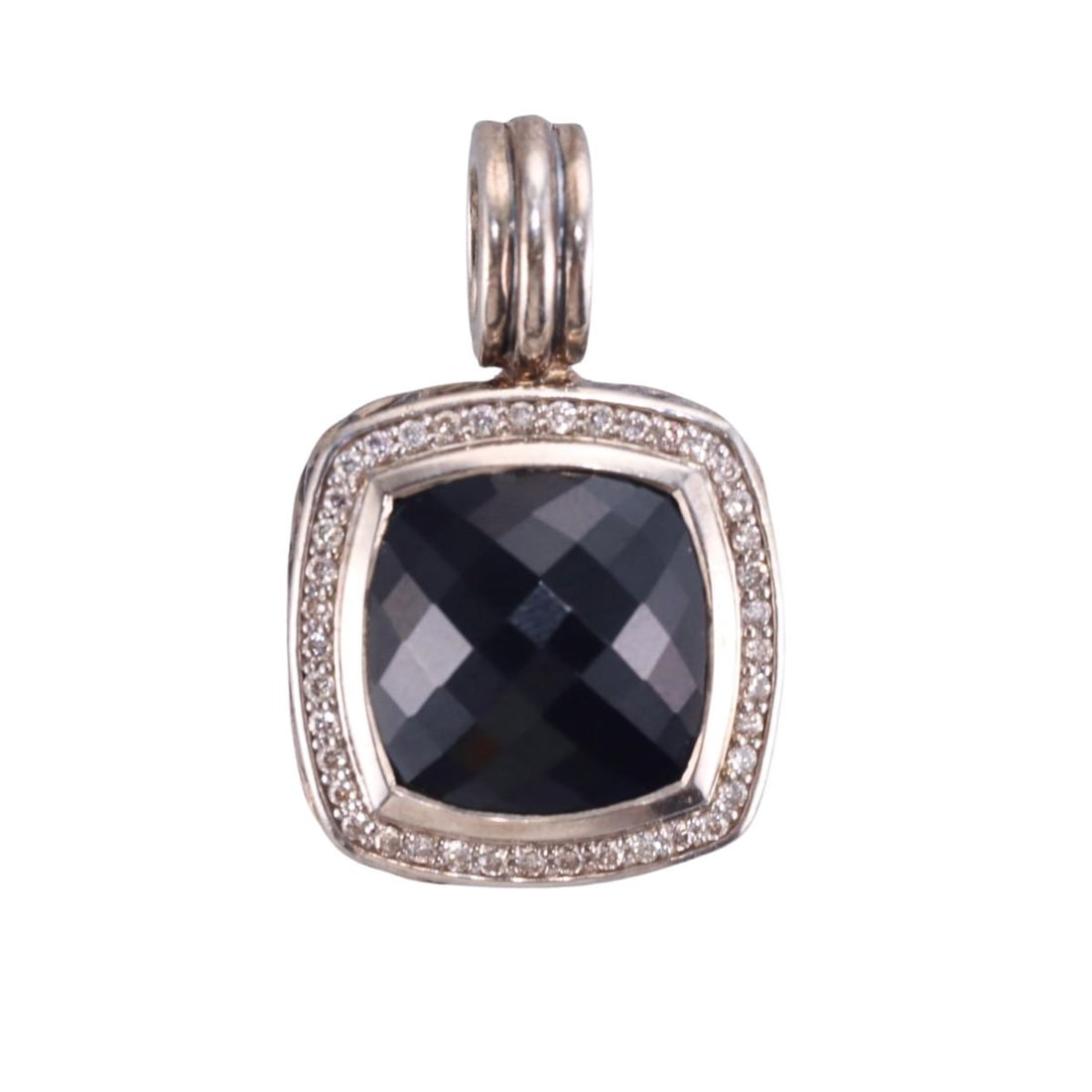 David Yurman Albion Silver Onyx Diamond Pendant Enhancer: Metal : Sterling Silver Designer : David Yurman Gemstone : Diamonds approx. 0.22ctw, Onyx. Measurements : Pendant is 30mm x 20mm. Marked: : DY, 925. Weight: : 10.5 grams