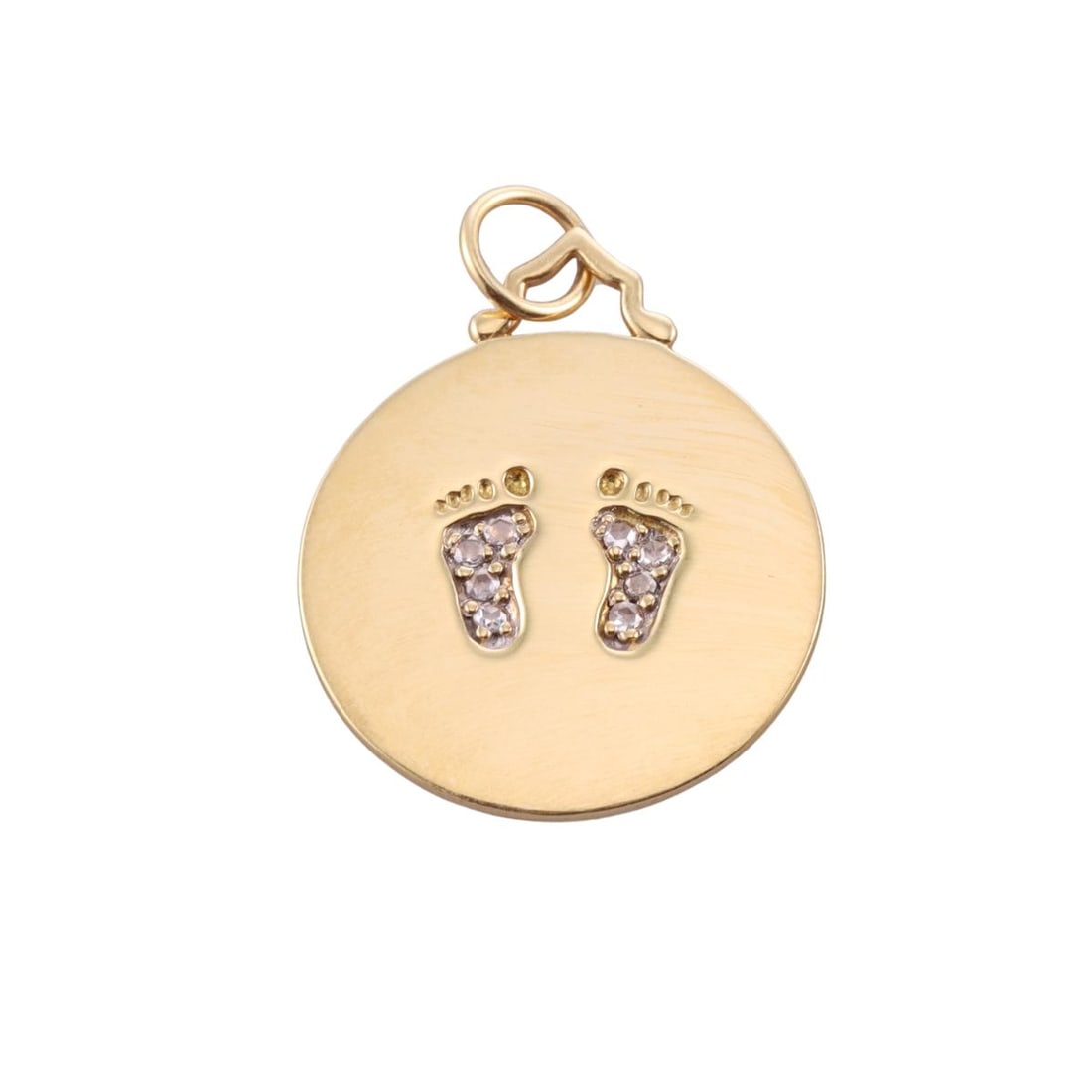 Monica Rich Kosann 18k Gold Diamond Baby Feet Pendant Charm: Metal : 18k Gold Designer : Monica Rich Kosann Gemstone : Diamonds approx. 0.08ctw. Measurements : Pendant is 20mm in diameter. Marked: : M hallmark, 750. Weight: : 5 grams