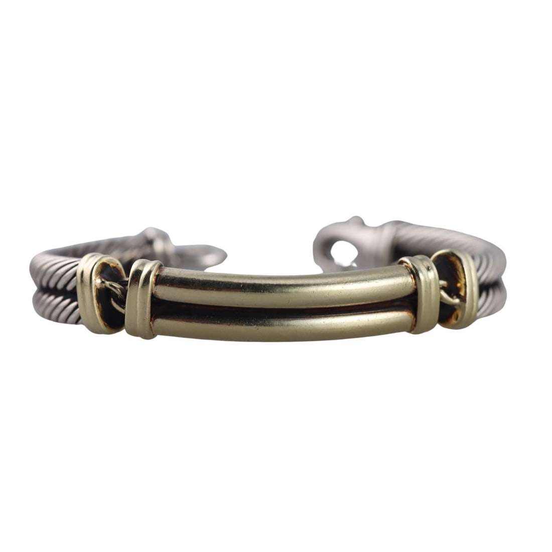 David Yurman 14k Gold Silver Bar Bracelet: Metal : 14k Gold/ Sterling Silver Designer : David Yurman Gemstone : None Measurements : Bracelet will fit approx. 7" wrist, width 10mm. Marked: : DY, 585, 925. Weight: : 52.
