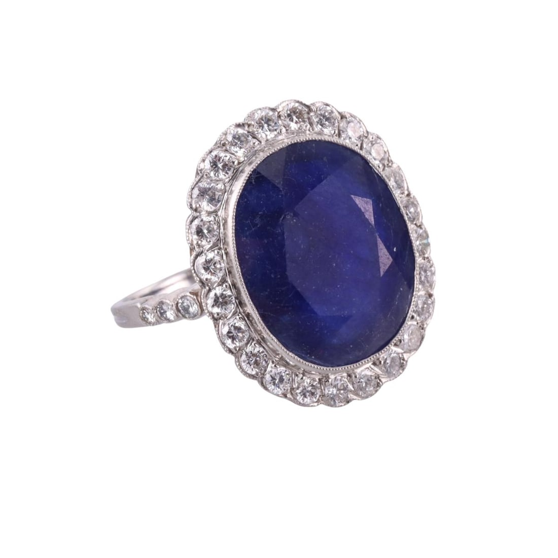Platinum Sapphire Diamond Ring: Metal : Platinum Designer : Not Signed Gemstone : Sapphire 15 x 13 x 4.5mm ( with a few chips), Diamonds approx. 0.80ctw. Measurements : Ring size 5.5, top is 20mm x 18mm. Marked: : Teste