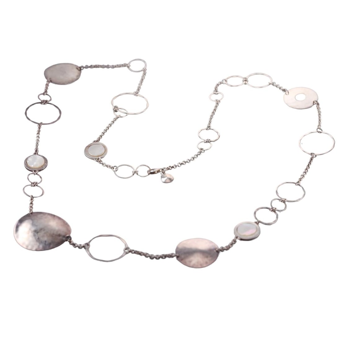 Robert Lee Morris Silver Mother Of Pearl Station Necklace: Metal : Sterling Silver Designer : Robert Lee Morris Gemstone : MOP Measurements : Necklace is 42" long x 40mm at widest point Marked: : Robert Lee Morris 925 Weight: : 51.4 g