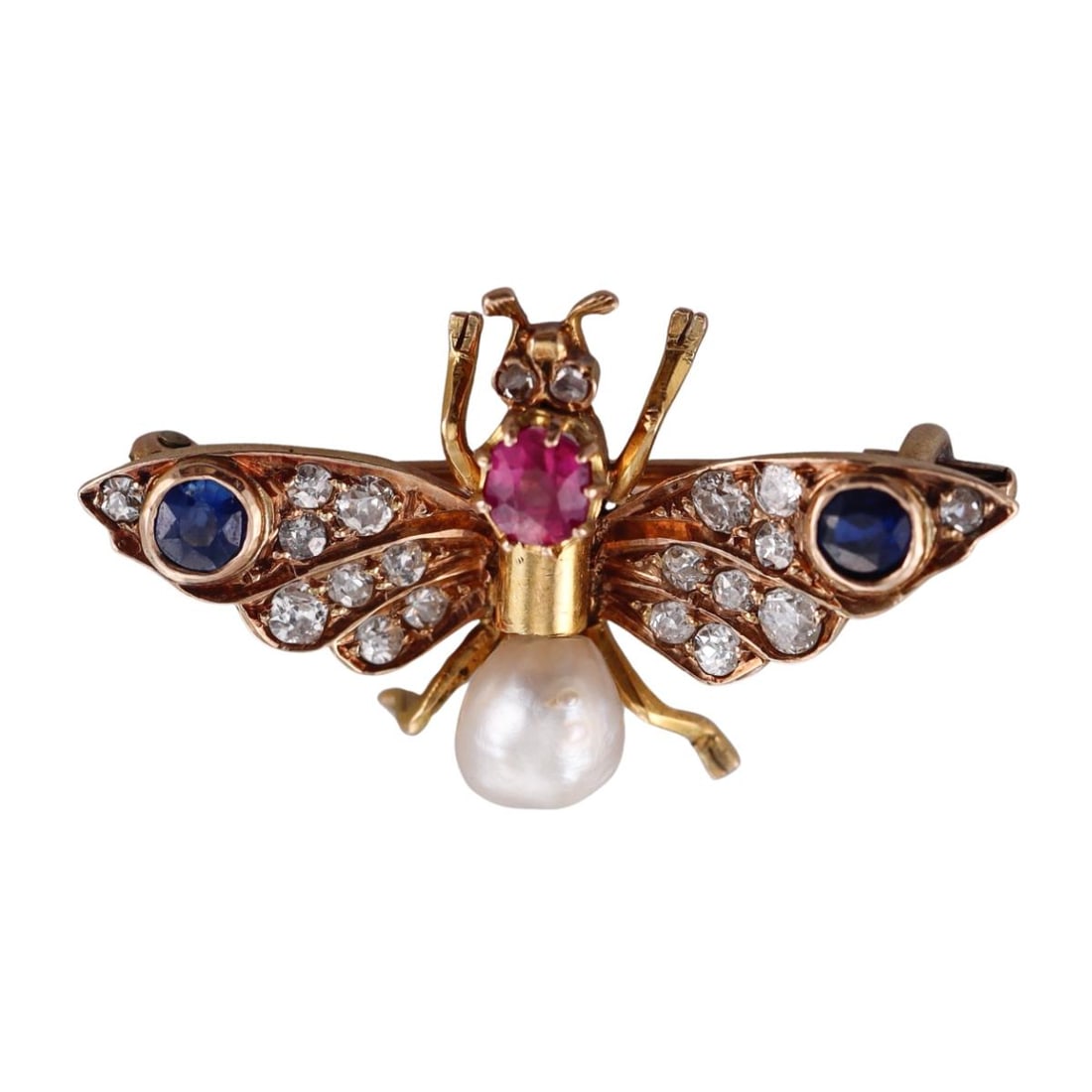 18k Gold Sapphire Pearl Ruby Diamond Insect Brooch Pin (1 of 3)