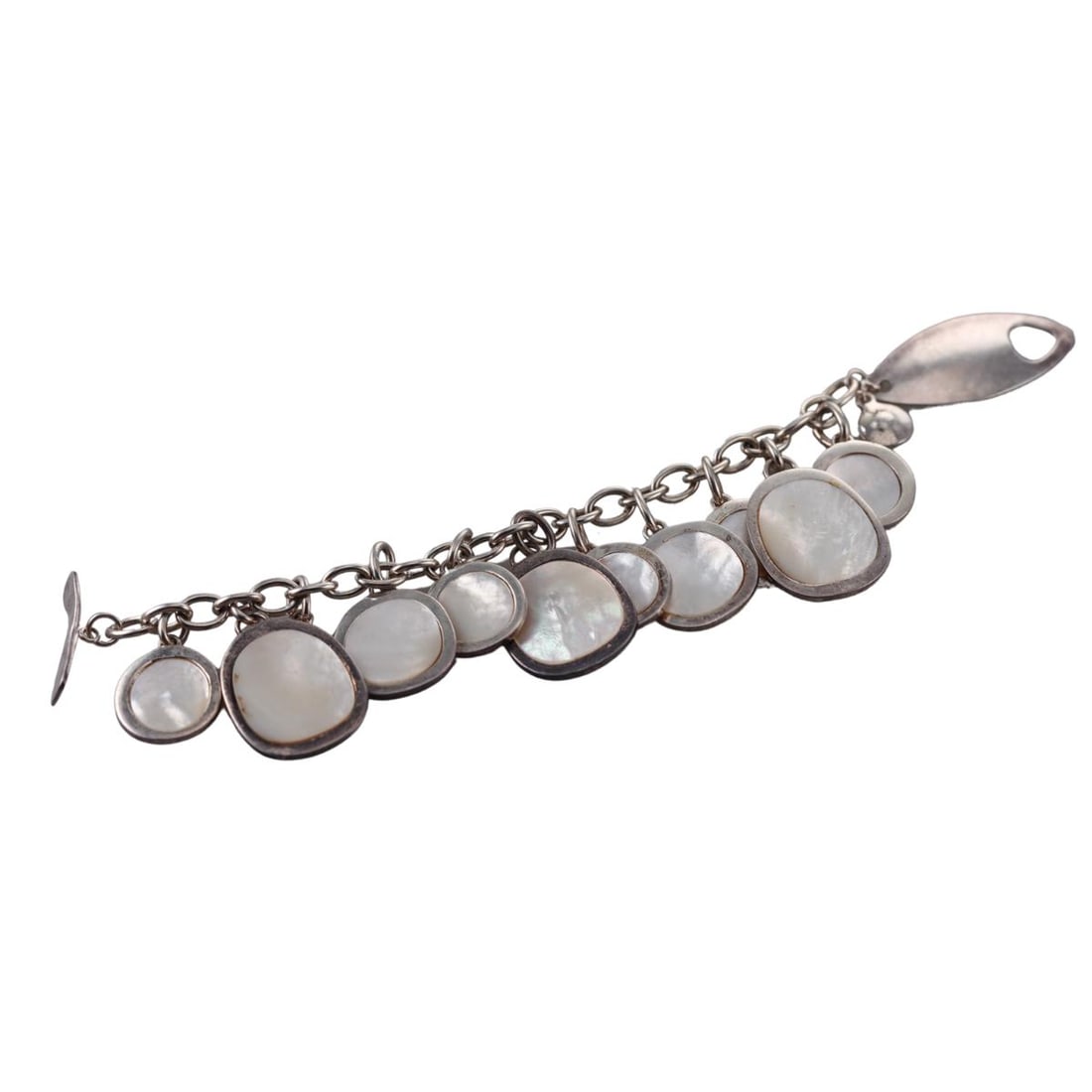 Robert Lee Morris RLM Silver MOP Charm Bracelet: Metal : Sterling Silver Designer : Robert Lee Morris Gemstone : MOP Measurements : Bracelet is 7.5" long, charms are 20mm to 25 x 30mm. Marked: : RLM 925. Weight: : 66.2 grams