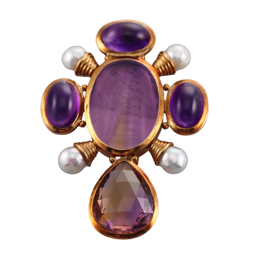 Elizabeth Gage 18k Gold Amethysr Venetian Glass Intaglio Pearl Brooch (1 of 6)
