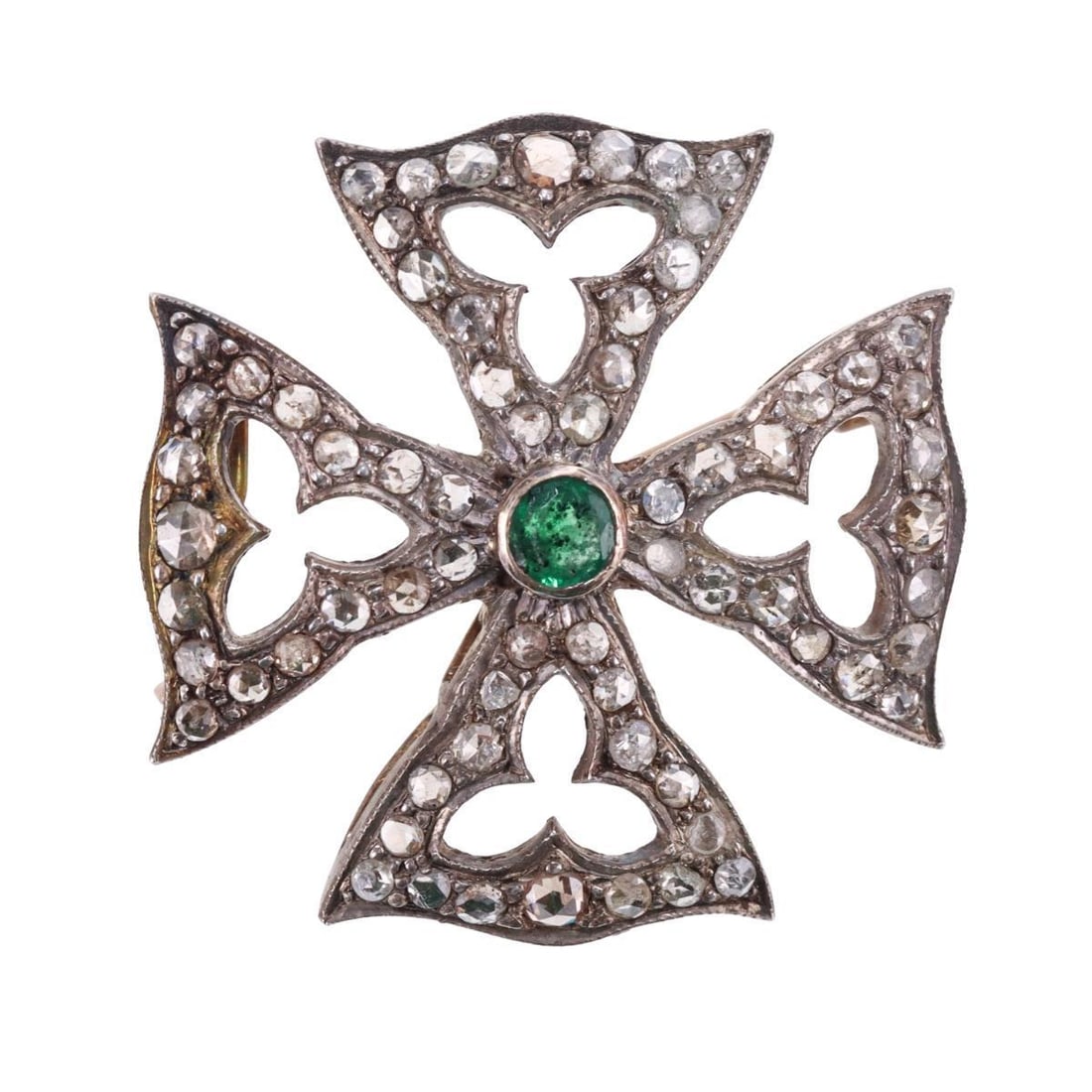 Antique Gold Silver Emerald Diamond Maltese Cross Pendant Brooch (1 of 3)