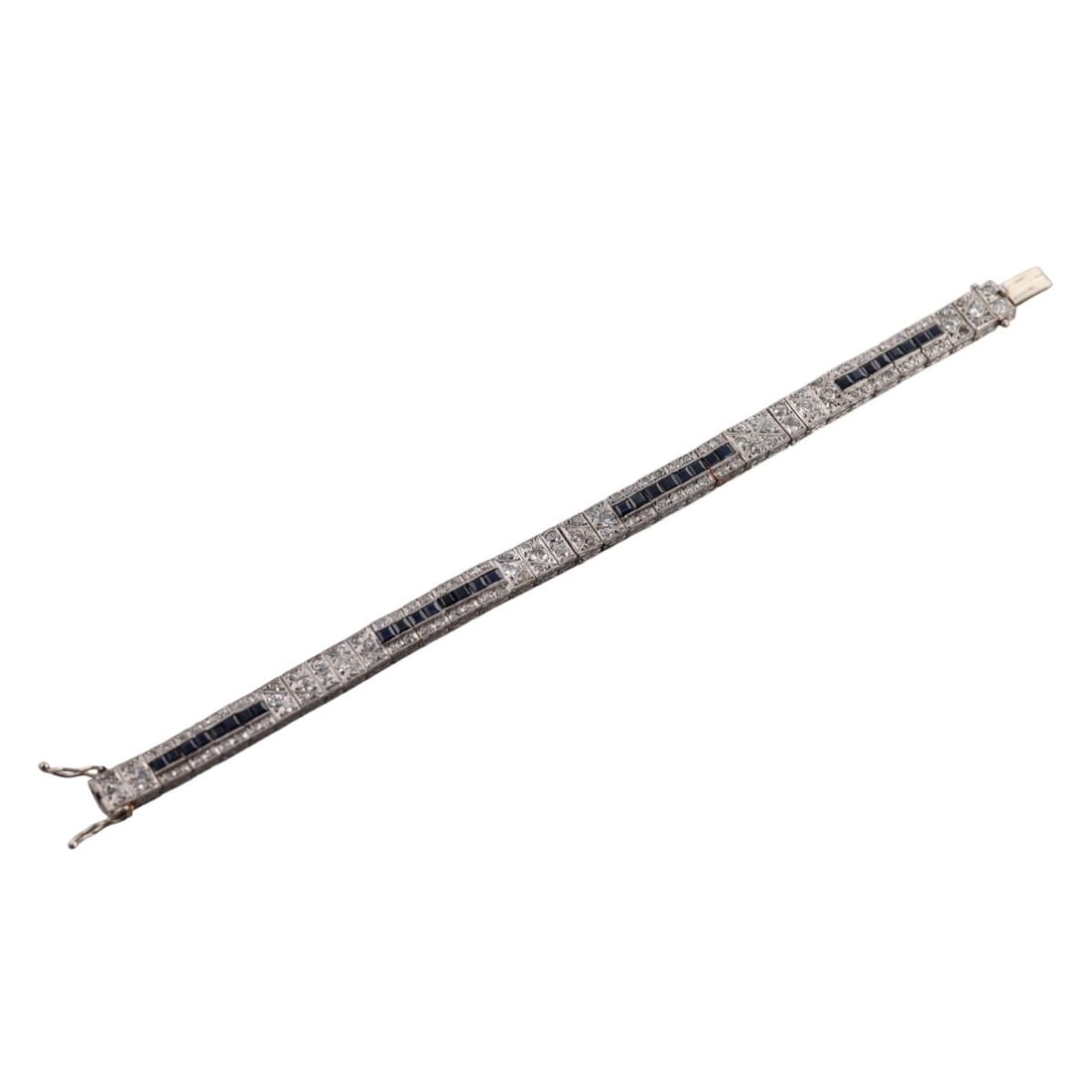 Art Deco Platinum Diamond Sapphire Bracelet: Metal : Platinum Designer : Not Signed Gemstone : Diamonds approx. 4.00ctw, Sapphires approx. 2.00ctw. Measurements : Bracelet is 7" long and 7.5mm wide. Marked: : Tested plat. Wei
