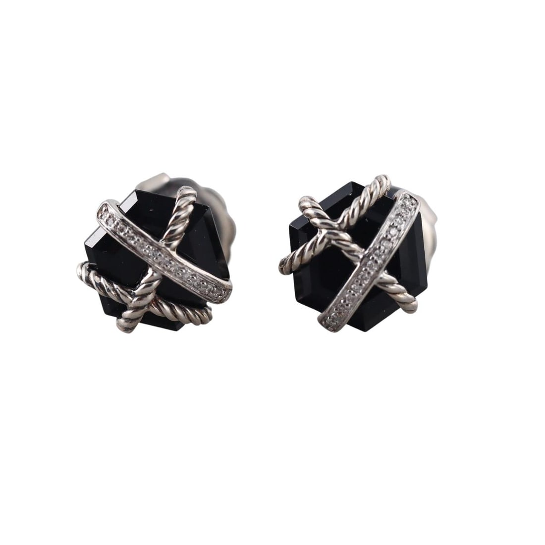 David Yurman Crossover Silver Diamond Onyx Earrings: Metal : Sterling Silver Designer : David Yurman Gemstone : Onyx, Diamonds. Measurements : Earrings are 11.5mm x 11mm. Marked: : DY 925. Weight: : 4.8 grams Additional: