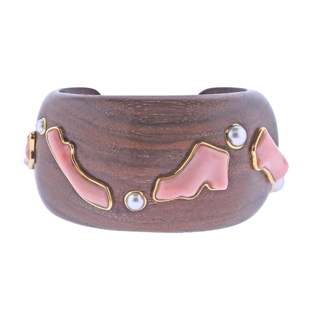Trianon 18K Gold Coral Pearl Wood Cuff Bracelet (1 of 4)