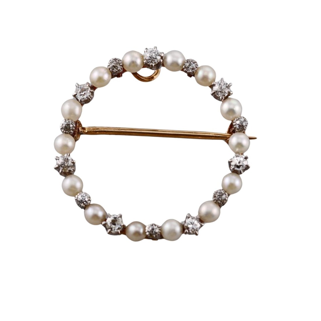 Antique 14k Gold Pearl Diamond Open Circle Brooch Pendant (1 of 4)