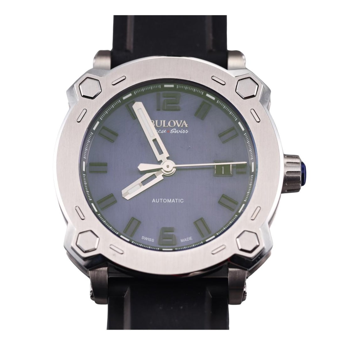 Bulova Accu-Swiss Percheron Watch 63B190: Metal : Stainless Steel Designer : Bulova Movement : Automatic Measurements : 42mm case diameter Reference/Model: : 63B190/Percheron Functions : Hours, Minutes, Seconds, Date, 100