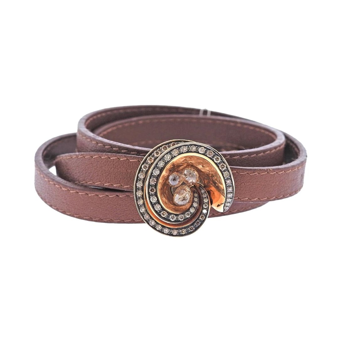 De Grisogono Chiocciolina Diamond Gold Brown Leather Wrap Bracelet (1 of 5)