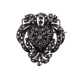 Antique Silver Gold Diamond Onyx Heart Pendant Brooch