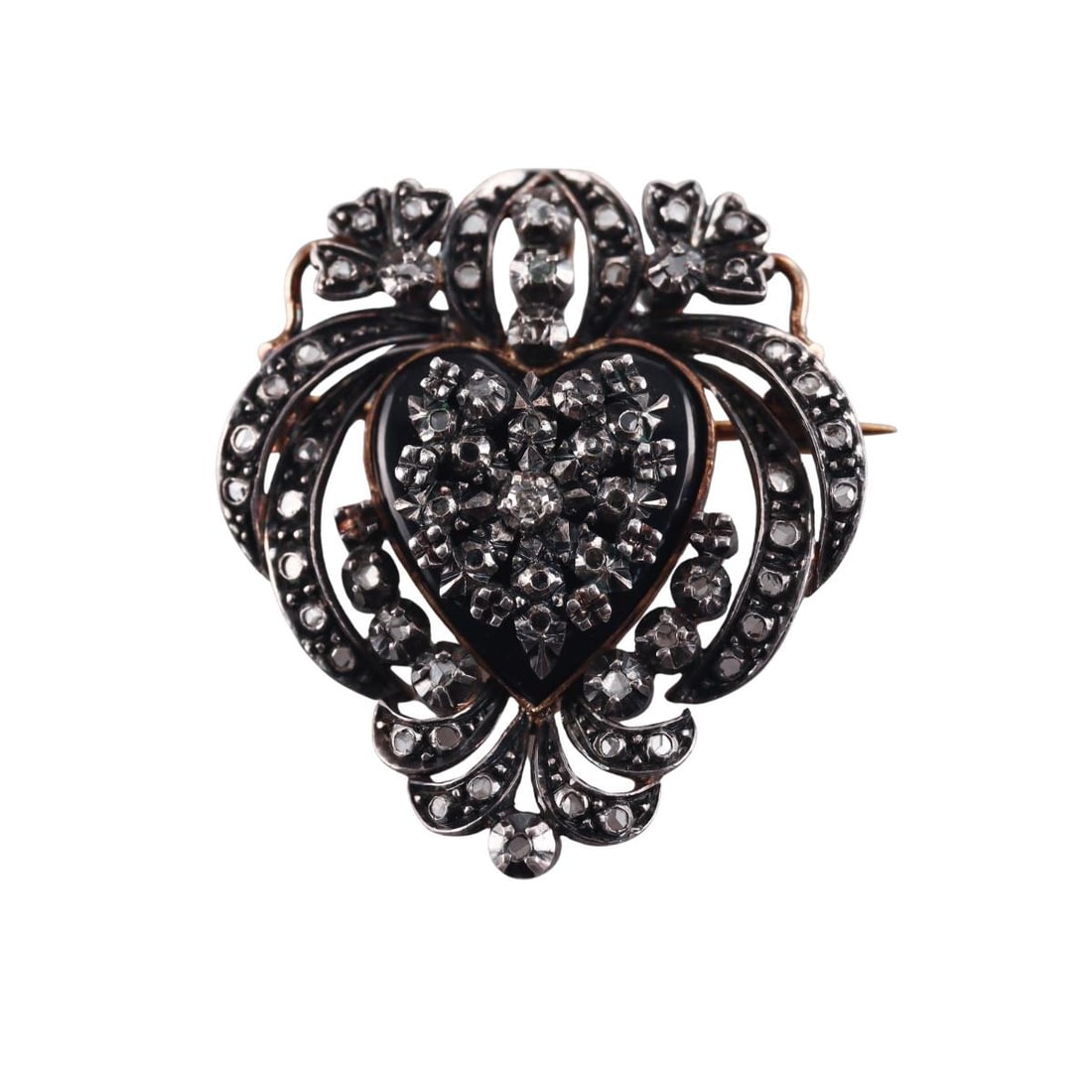 Antique Silver Gold Diamond Onyx Heart Pendant Brooch (1 of 3)