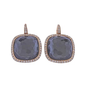 Modern Hematite Quartz Diamond 18k Gold Earrings