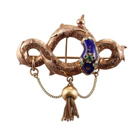 Antique Victorian 14k Gold Enamel Emerald Snake Tassel Brooch Pendant