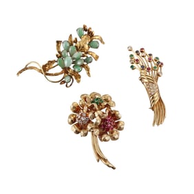 18k Gold Jade Diamond Ruby Emerald Sapphire Brooch Lot of 3