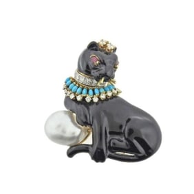 Neiman Marcus Gold Enamel Ruby Turquoise Pearl Diamond Panther Brooch