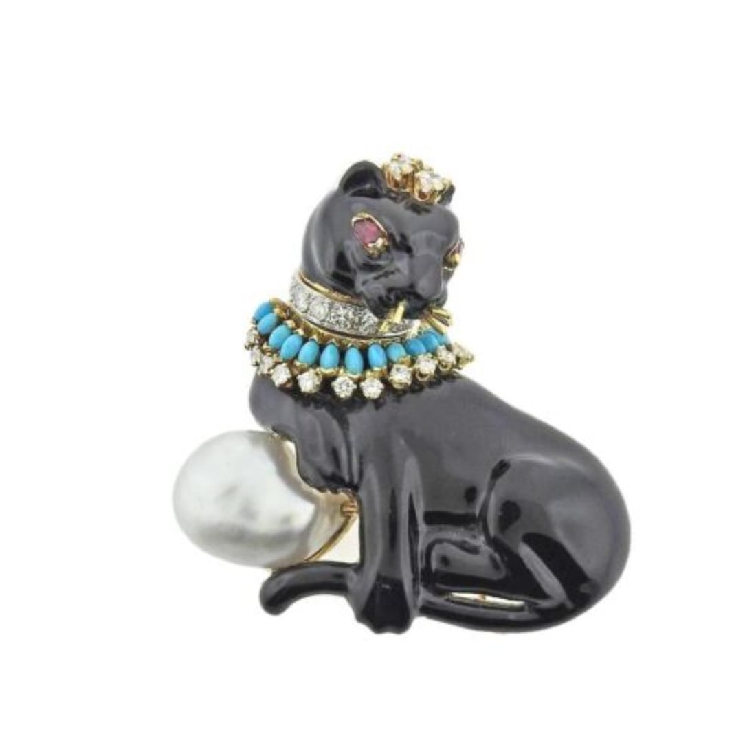 Neiman Marcus Gold Enamel Ruby Turquoise Pearl Diamond Panther Brooch (1 of 4)