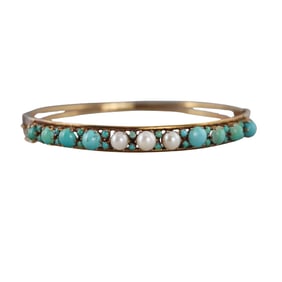 Antique Victorian 14k Gold Pearl Turquoise Bangle Bracelet