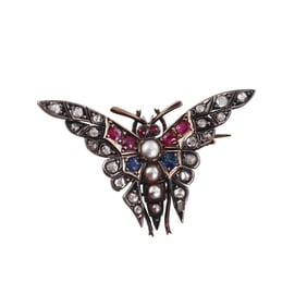 Antique Victorian Silver Gold Diamond Pearl Ruby Sapphire Butterfly Insect Brooch