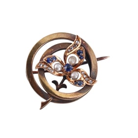 Antique Victorian 14k Gold Sapphire Pearl Diamond Brooch Pin