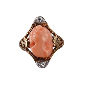Antique 14k Gold Coral Cameo Diamond Ring