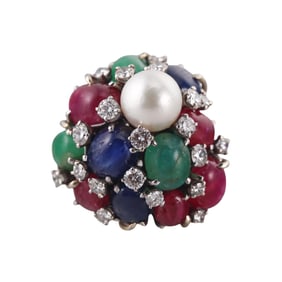 Retro 14k Gold Diamond Pearl Emerald Ruby Sapphire Large Cocktail Ring
