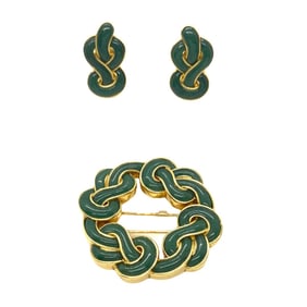 Angela Cummings Aventurine 18K Gold Earrings Brooch Set