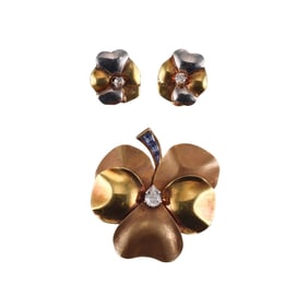 Retro 18k Gold Sapphire Diamond Pansy Flower Earrings Brooch Set
