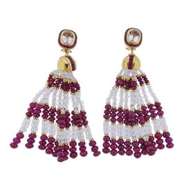 Seaman Schepps Ruby Crystal Gold Tassel Drop Earrings