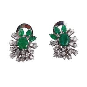 Midcentury 18k Gold Diamond Emerald Cocktail Earrings