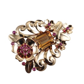 Tiffany & Co Retro 14k Gold Ruby Citrine Flower Brooch