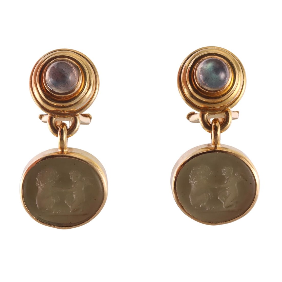 Elizabeth Locke Venetian Glass Intaglio Labradorite Gold Earrings: Metal : 19k Gold Designer : Elizabeth Locke Gemstone : Venetian glass, Labradorite Measurements : Earrings are 33mm x 16mm. Marked: : L mark, 19k. Weight: : 19.3 grams