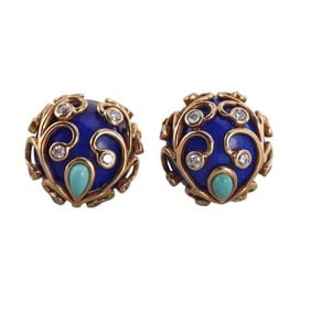 18k Gold Lapis Diamond Turquoise Button Earrings