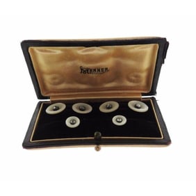 Continental Art Deco Mother of Pearl Diamond Gold Cufflinks Stud Dress Set