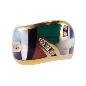 Asch Grossbardt Inlay Malachite Coral Lapis Diamond Gold Wave Ring