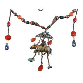 Antique Sterling Enamel Carnelian Turquoise Tribal Motif Necklace
