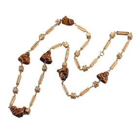 18k Gold Carved Tiger's Eye Long Station Necklace