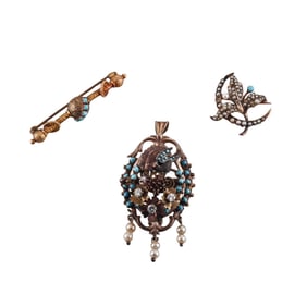 Antique Victorian Gold Diamond Pearl Turquoise Brooch Lot of 3