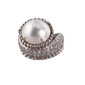 Midcentury 14k Gold Mabe Pearl Diamond Ring