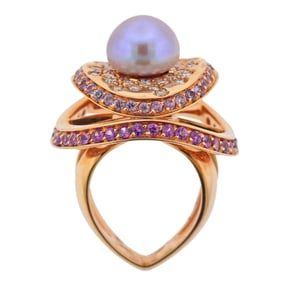 IO SI Rose Gold Diamond Pink Sapphire Pearl Ring 2/50