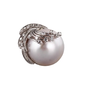 Midcentury Platinum Diamond Mabe Pearl Ring