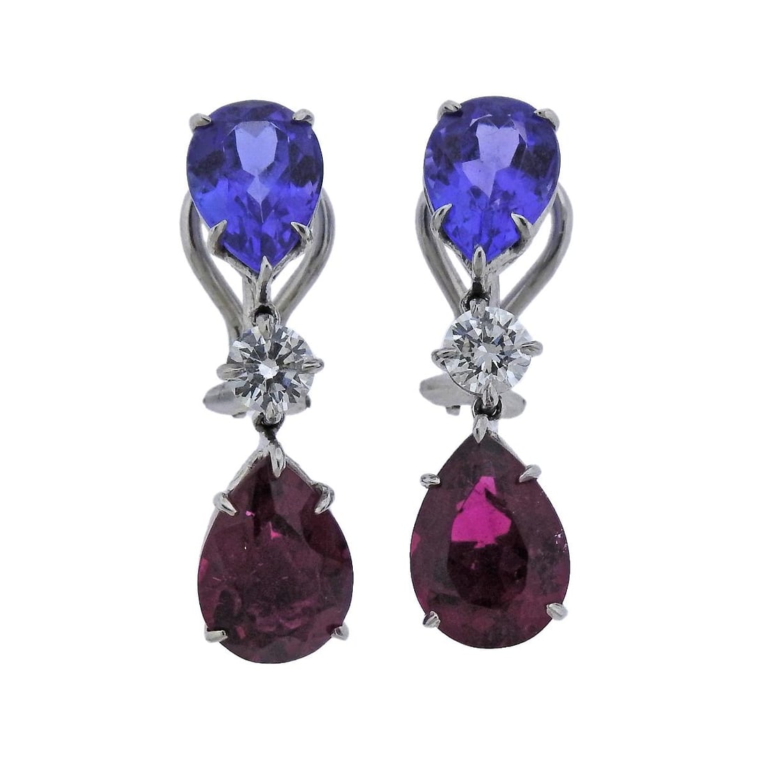 Donna Vock Pink Tourmaline Tanzanite Diamond Platinum Drop Earrings: Metal : Platinum Designer : Donna Vock Gemstone : Diamonds approx. 0.70ctw G/VS, Tanzanite, Tourmaline. Measurements : Earrings are 28mm x 8mm. Marked: : Vock, pt950. Weight: <