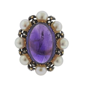 Rare Vintage Buccellati 18K Gold Amethyst Pearl Diamond Ring