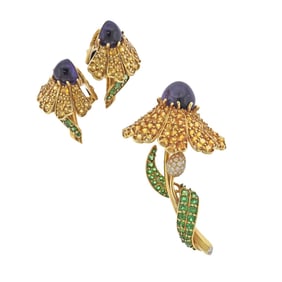 Jean Vitau Diamond Amethyst Tsavorite Sapphire Gold Flower Earrings Brooch Set