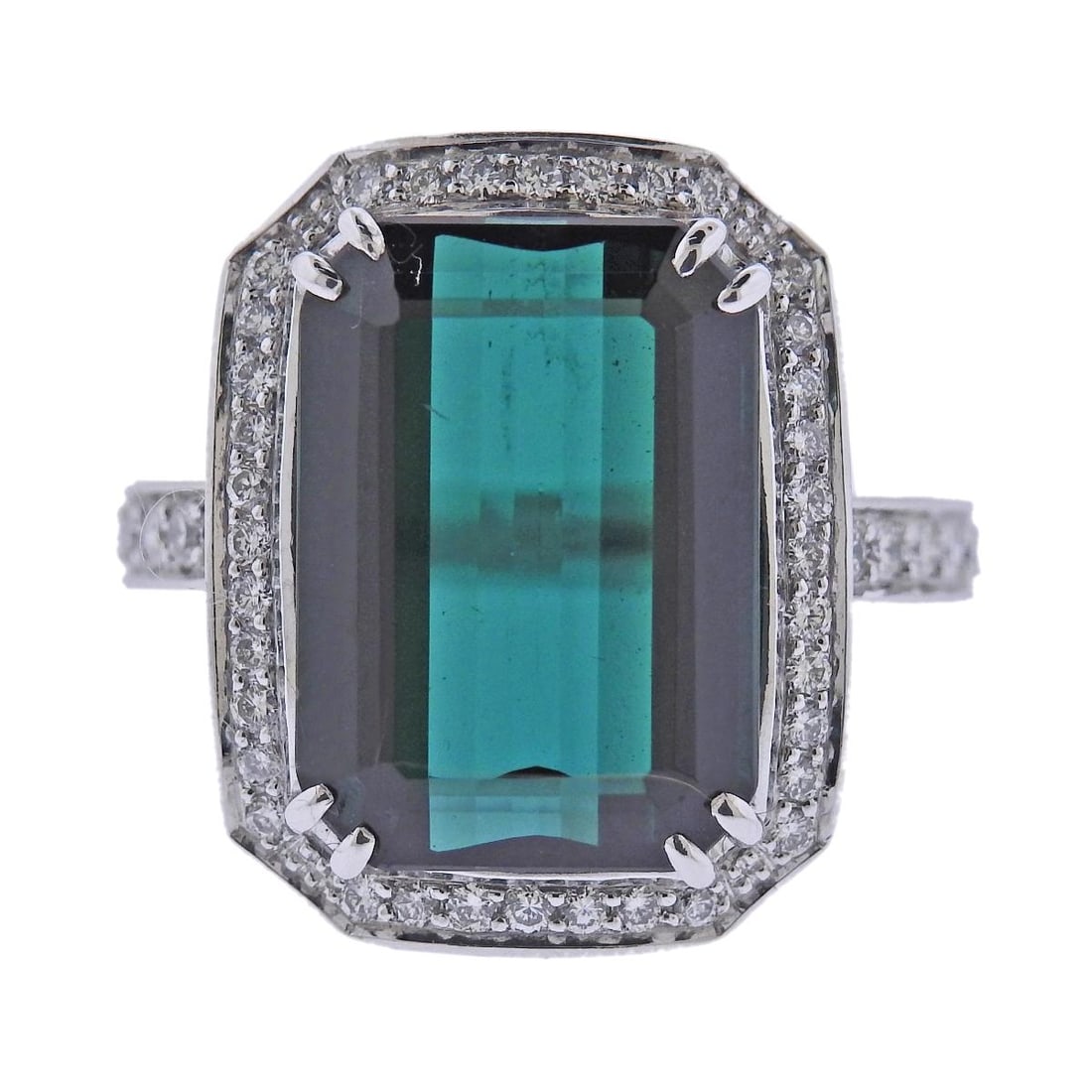 Bucherer Gold 10.88ct Green Tourmaline Diamond Ring: Metal : 18k Gold Designer : Bucherer Gemstone : Diamonds 0.65ctw, Tourmaline 10.88ct. Measurements : Ring size - 7, ring top is 20mm x 16mm. Marked: : CB, 750. Weight: : 11.9