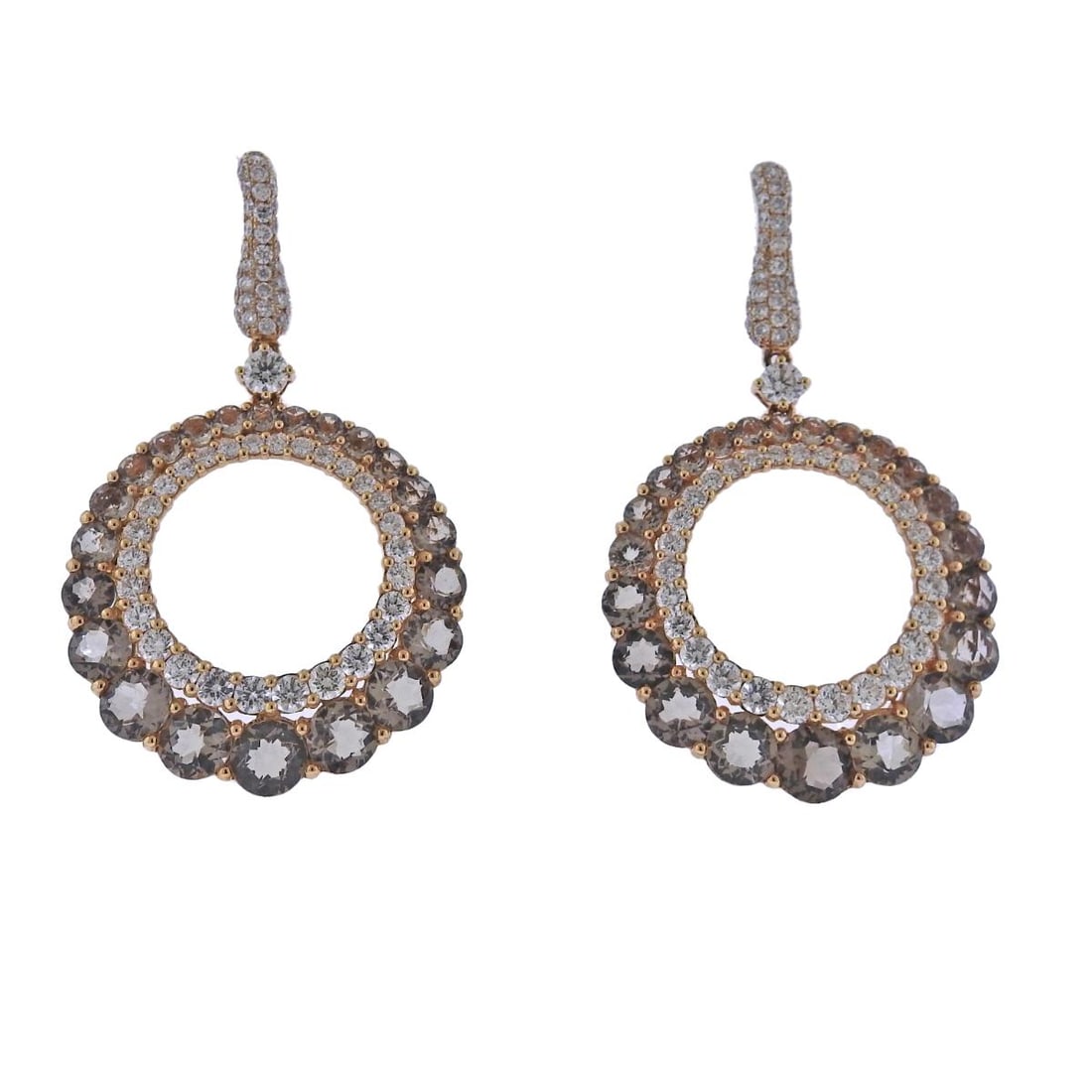 Bucherer Gold Diamond Smoky Quartz Circle Drop Earrings: Metal : 18k Gold Designer : Bucherer Gemstone : Diamonds 3.54ctw, Quartz 9.47ctw. Measurements : Earrings are 51mm x 30mm. Marked: : CB 750. Weight: : 12.8 grams C