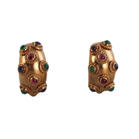1960s 18k Gold Emerald Ruby Sapphire Half Hoop Earrings