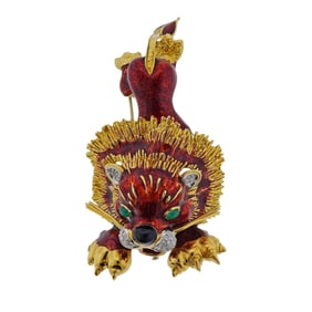 Roberto Legnazzi Diamond Emerald Enamel Gold Lion Brooch Pin