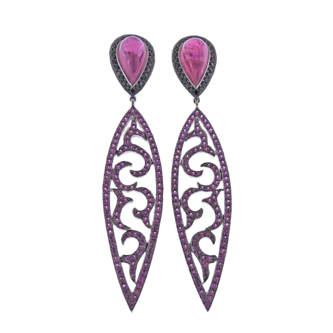 Bucherer Gold Diamond Pink Sapphire Tourmaline Drop Earrings: Metal : 18k Gold Designer : Bucherer Gemstone : 0.14ctw black diamonds, 3.82ctw pink sapphires and 12.11ctw tourmalines. Measurements : Earrings are 80mm x 16mm. Marked: : CB 750.